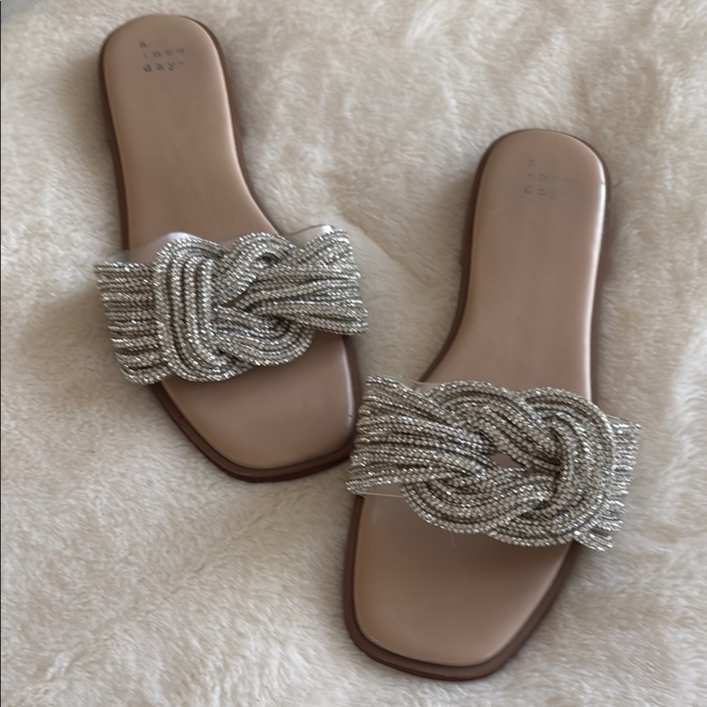 Elegant Silver Beaded Women's Slide Sandals